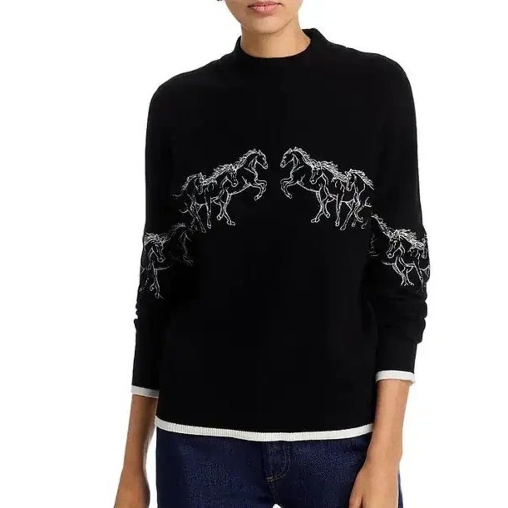 T Tahari Women's Horse embroidered mock neck sweater Black Size L